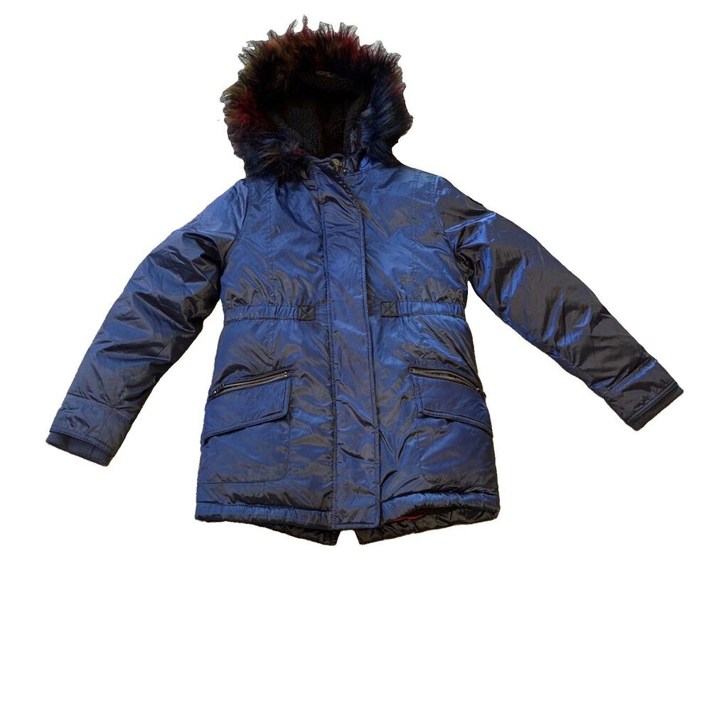 Appaman Girls Size 12 iridescent blue Middie puffer coat W/Colorful Furry Hood